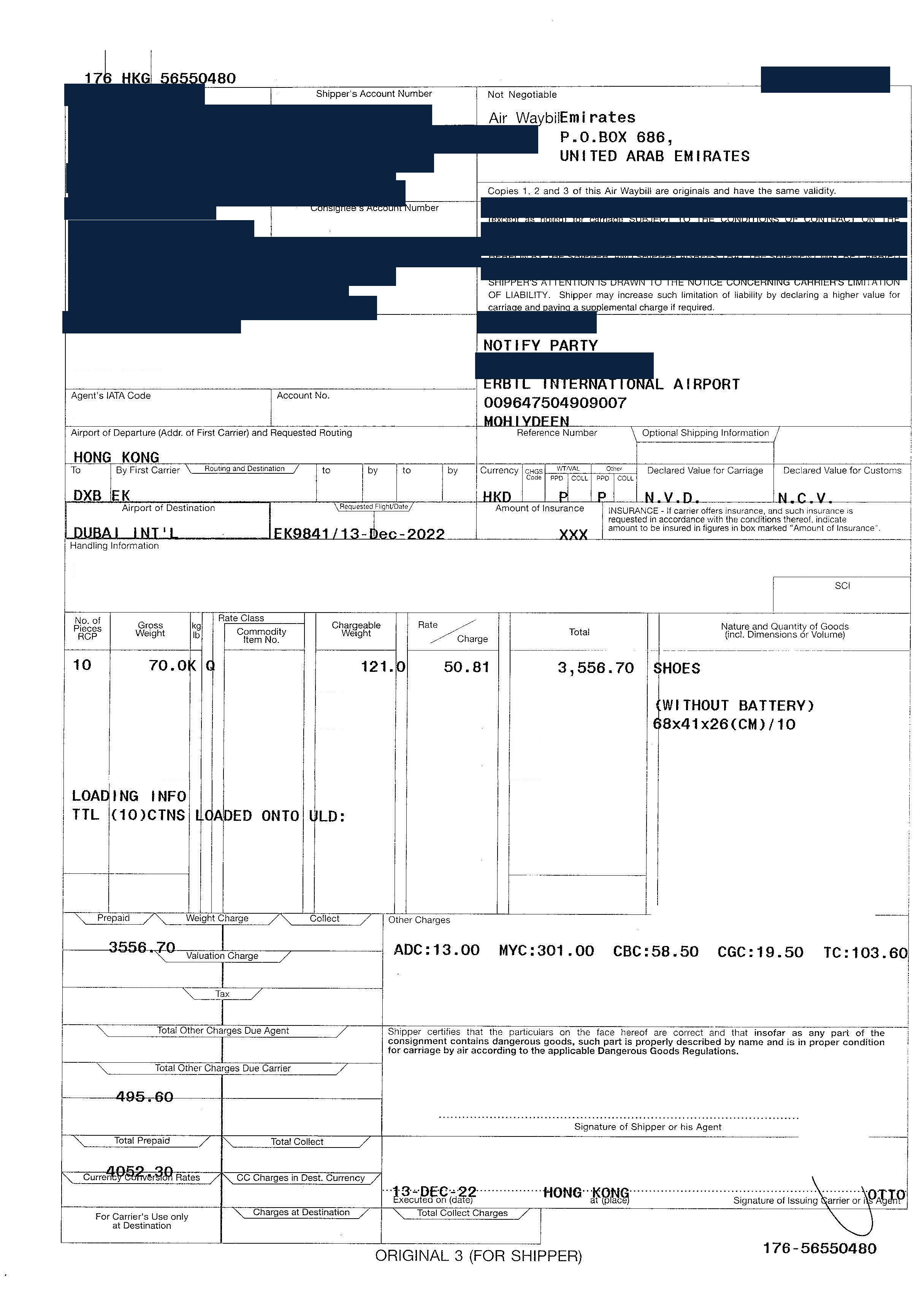 Redacted air waybill for shoes shipped from Hong Kong (HKG) to Dubai DXB