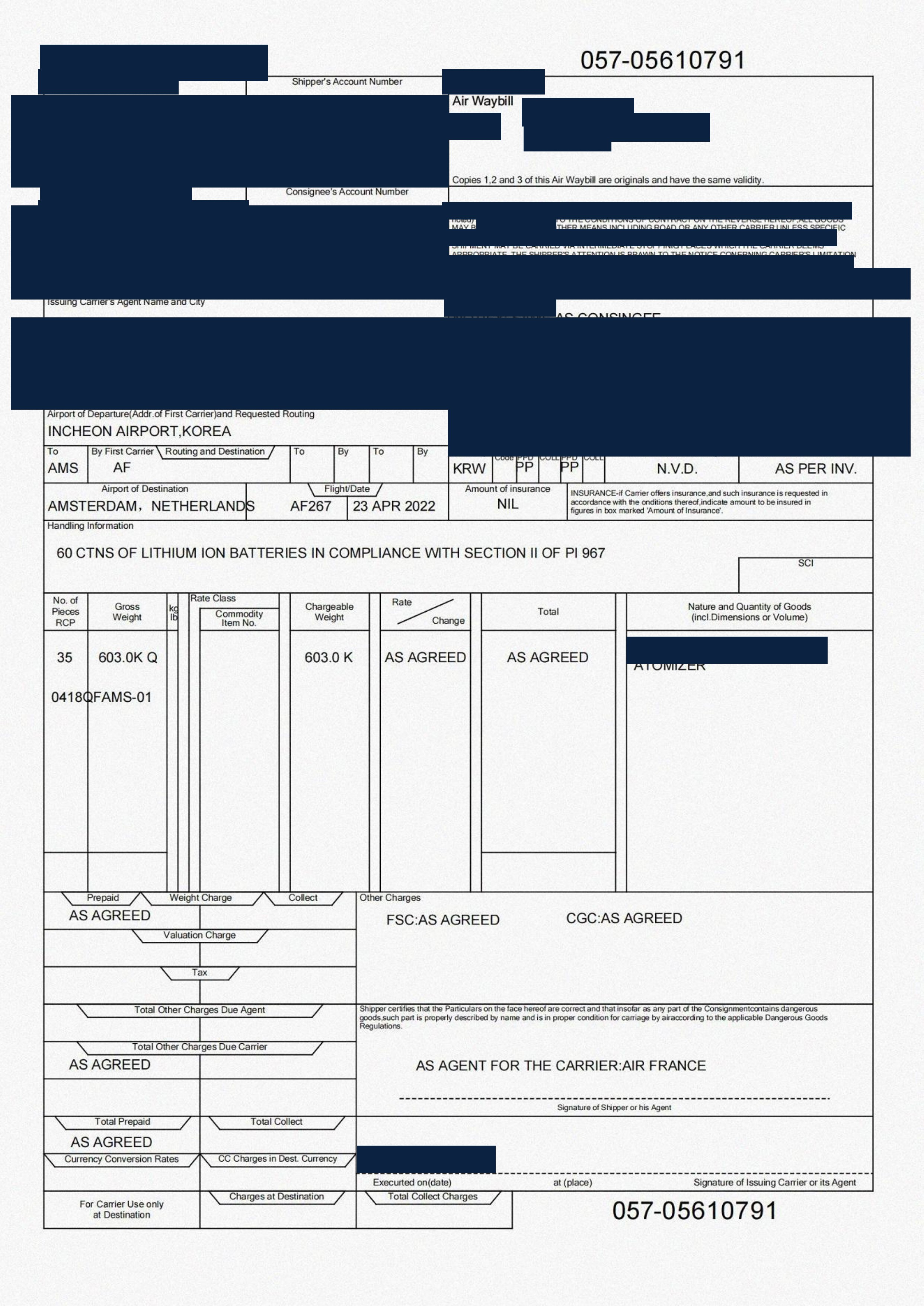 Redacted air waybill for atomizers shipped from China to Amsterdam, Netherlands by Air Freight