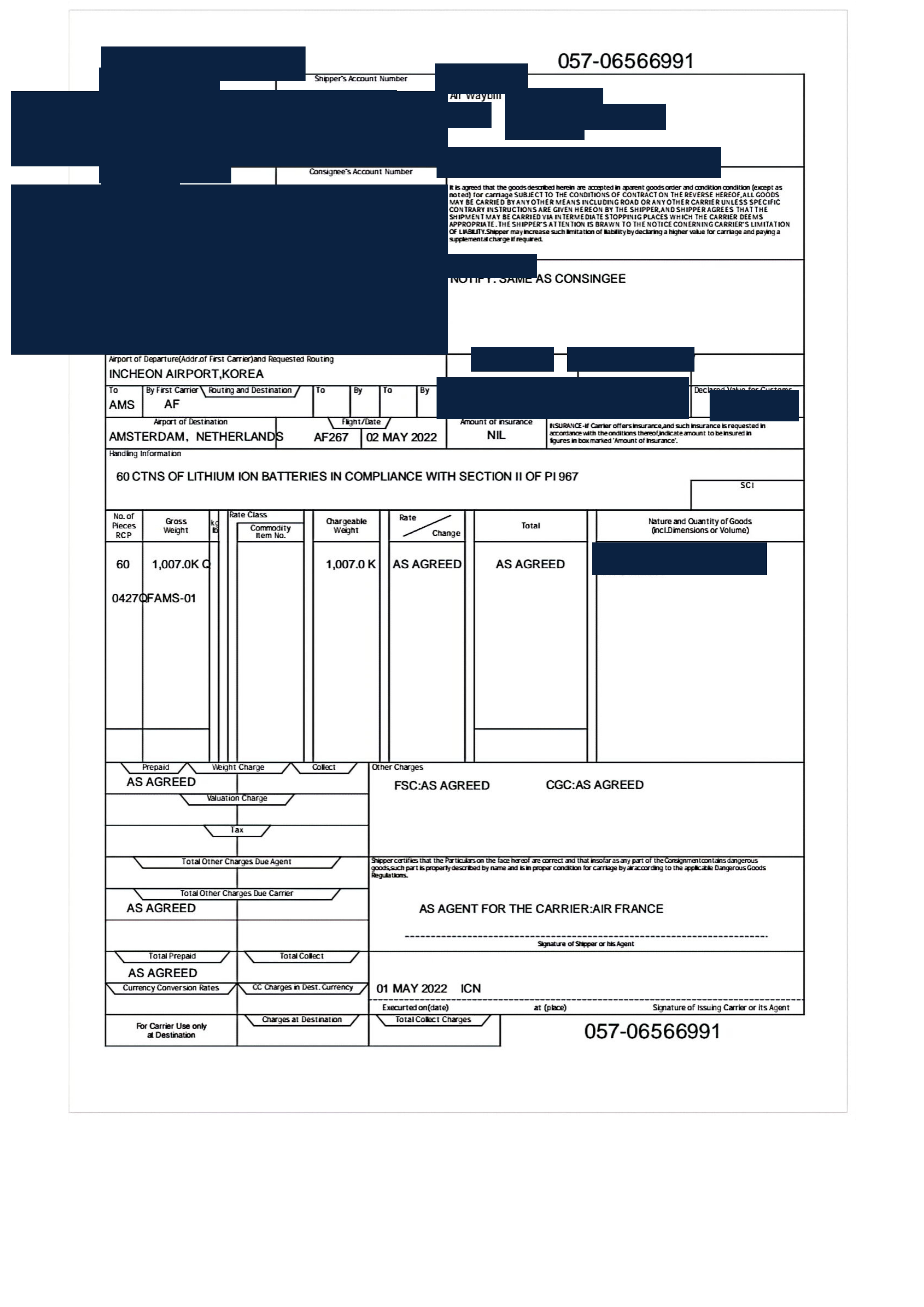 Redacted air waybill for atomizers shipped from China to Amsterdam, Netherlands by Air Freight