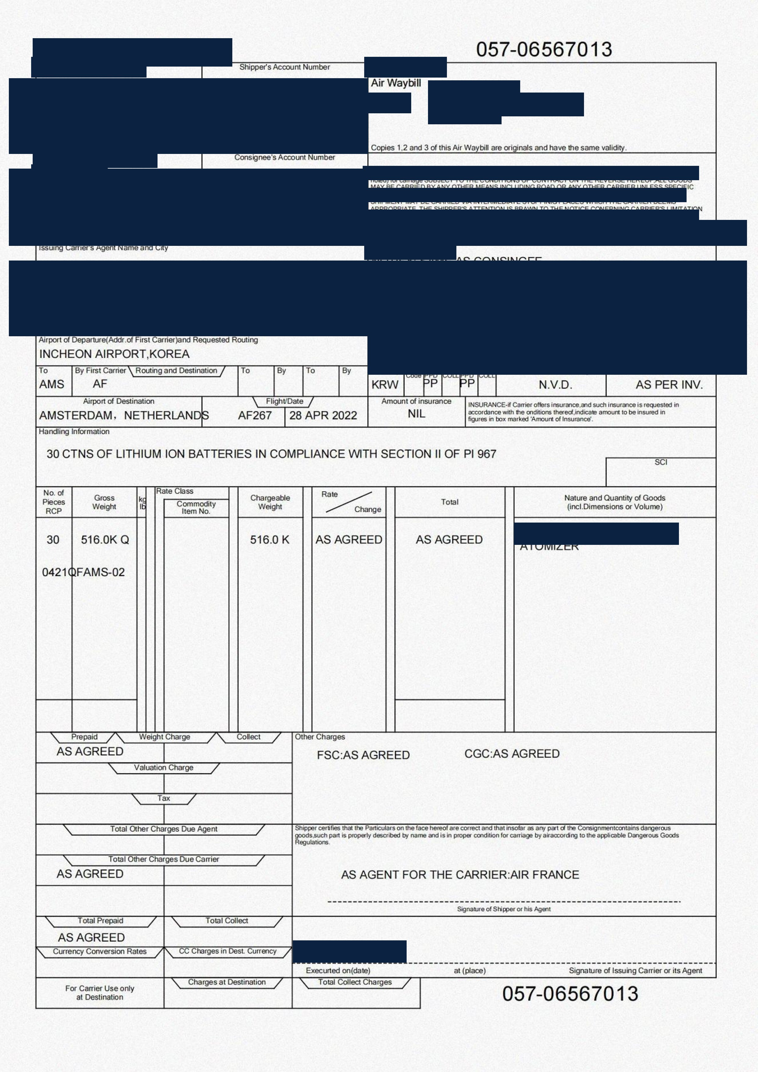 Redacted air waybill for atomizers shipped from China to Amsterdam, Netherlands by Air Freight