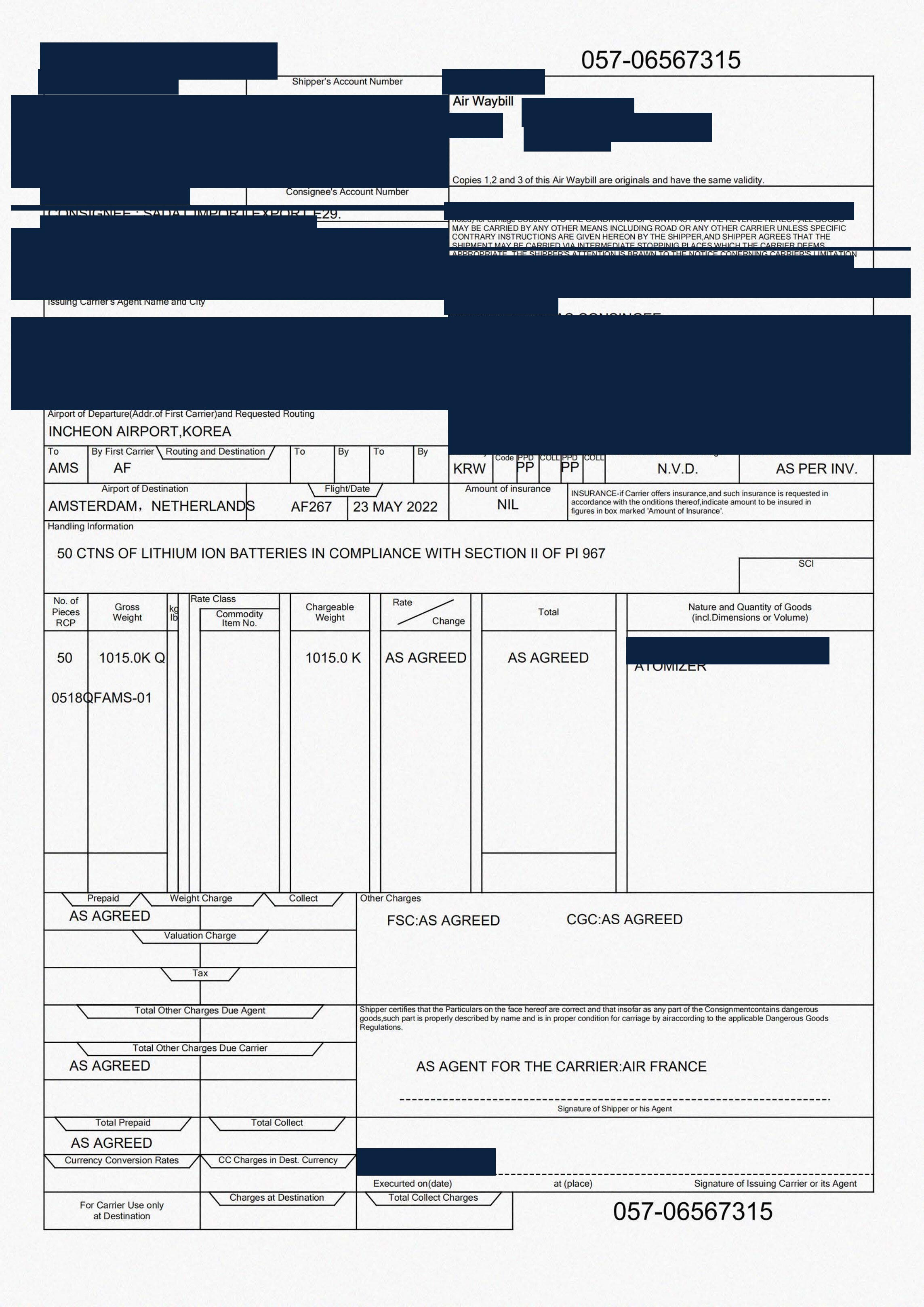 Redacted air waybill for atomizers shipped from China to Amsterdam, Netherlands by Air Freight