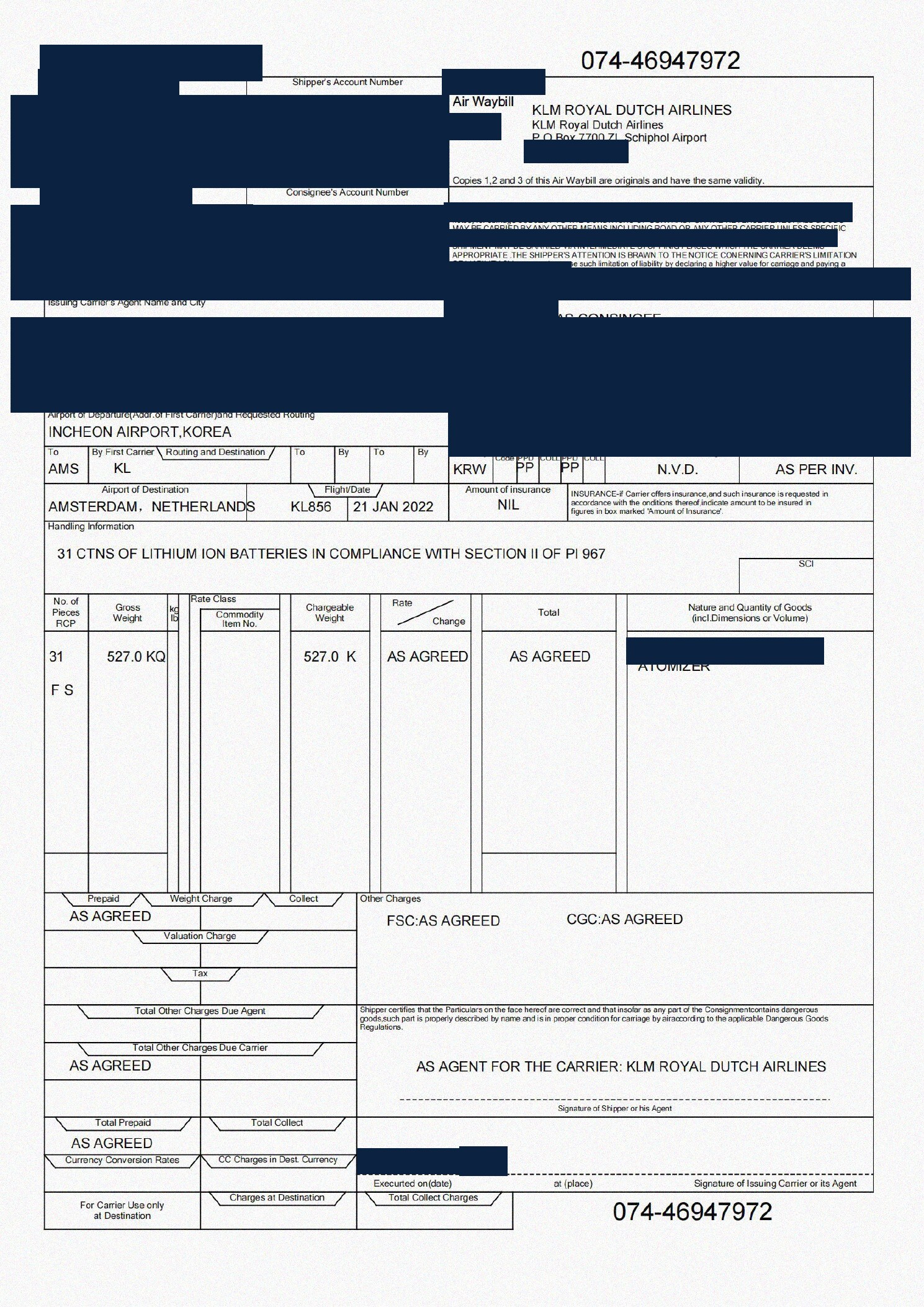 Redacted air waybill for atomizers shipped from China to Amsterdam, Netherlands by Air Freight