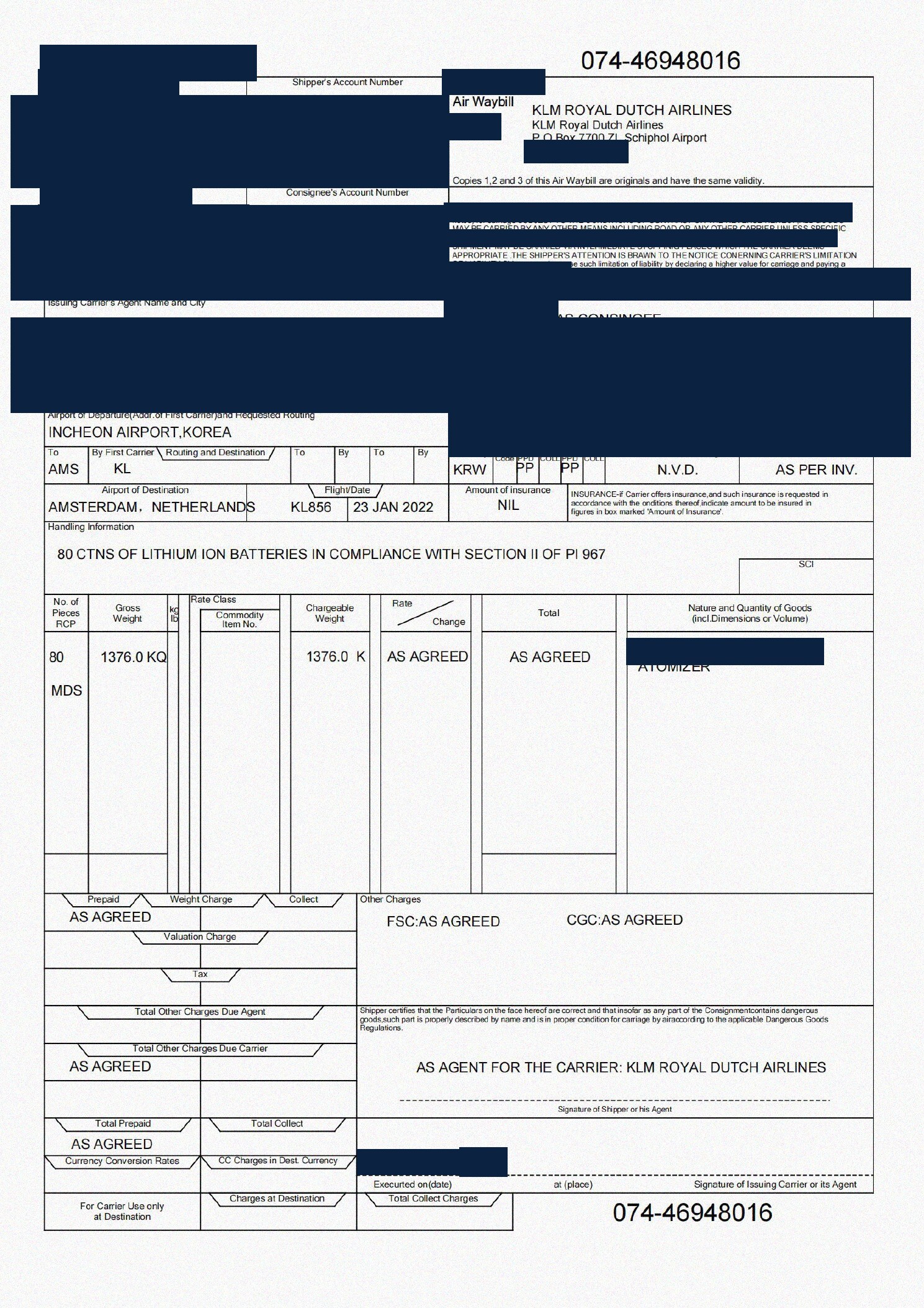 Redacted air waybill for atomizers shipped from China to Amsterdam, Netherlands by Air Freight