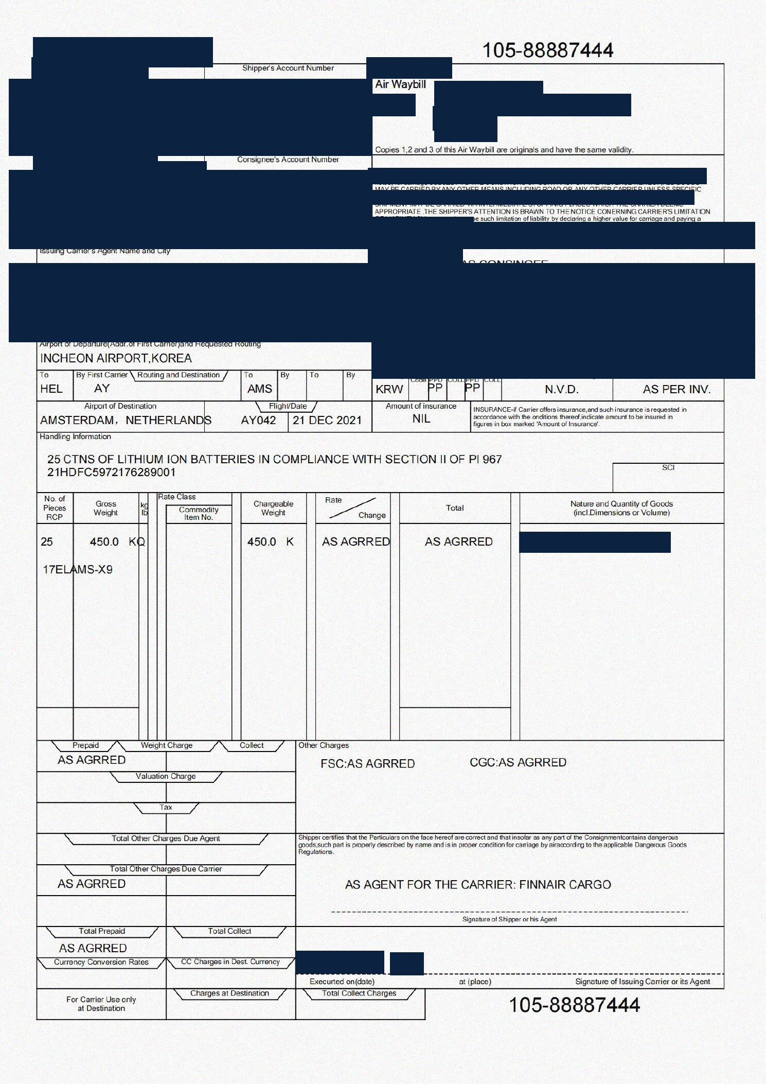 Redacted air waybill for atomizers shipped from China to Amsterdam, Netherlands by Air Freight