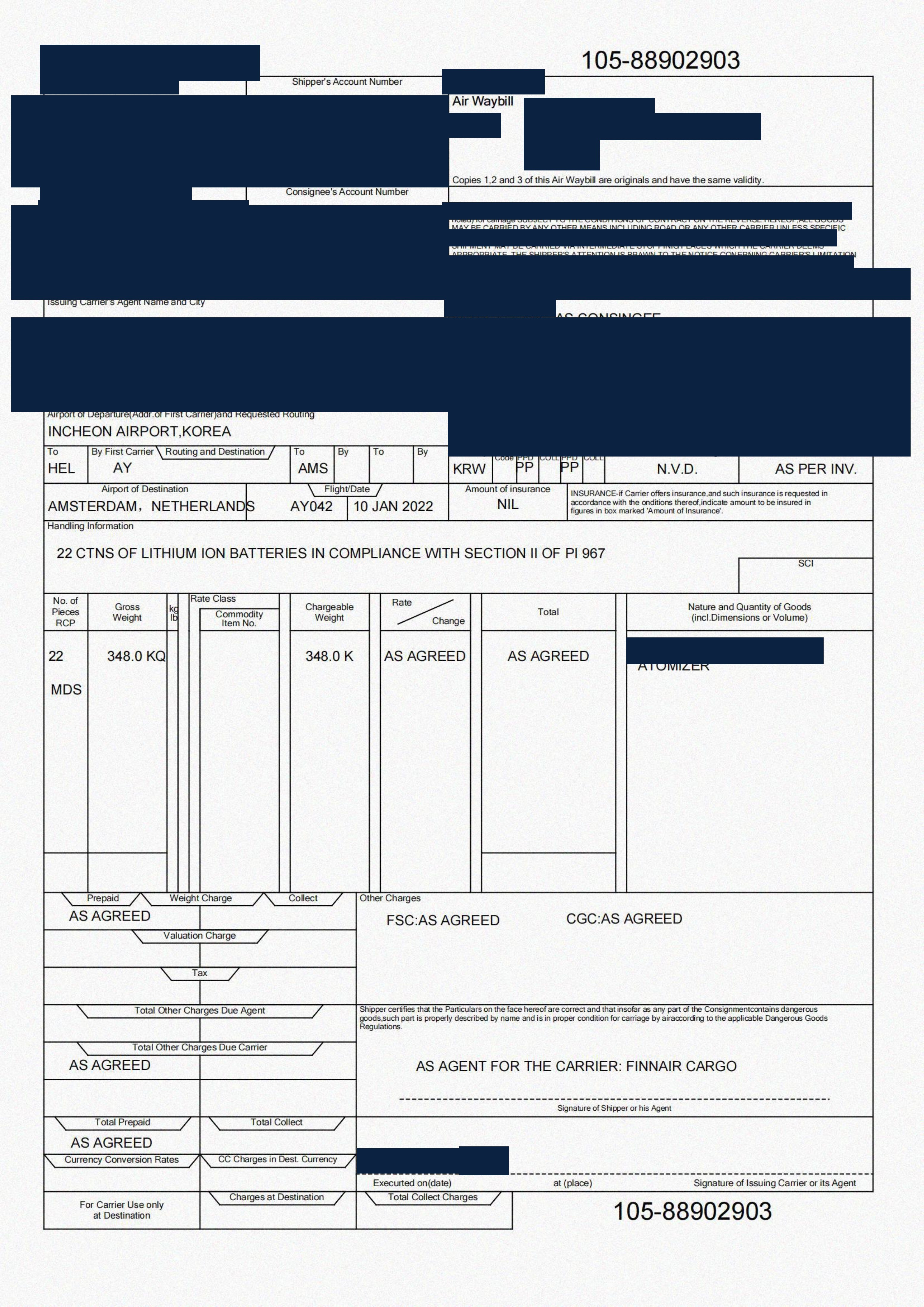 Redacted air waybill for atomizers shipped from China to Amsterdam, Netherlands by Air Freight