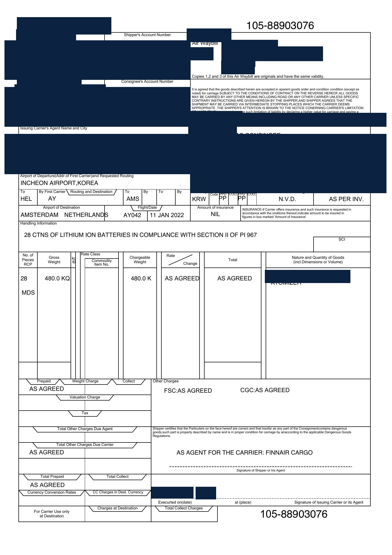 Redacted air waybill for atomizers shipped from China to Amsterdam, Netherlands by Air Freight
