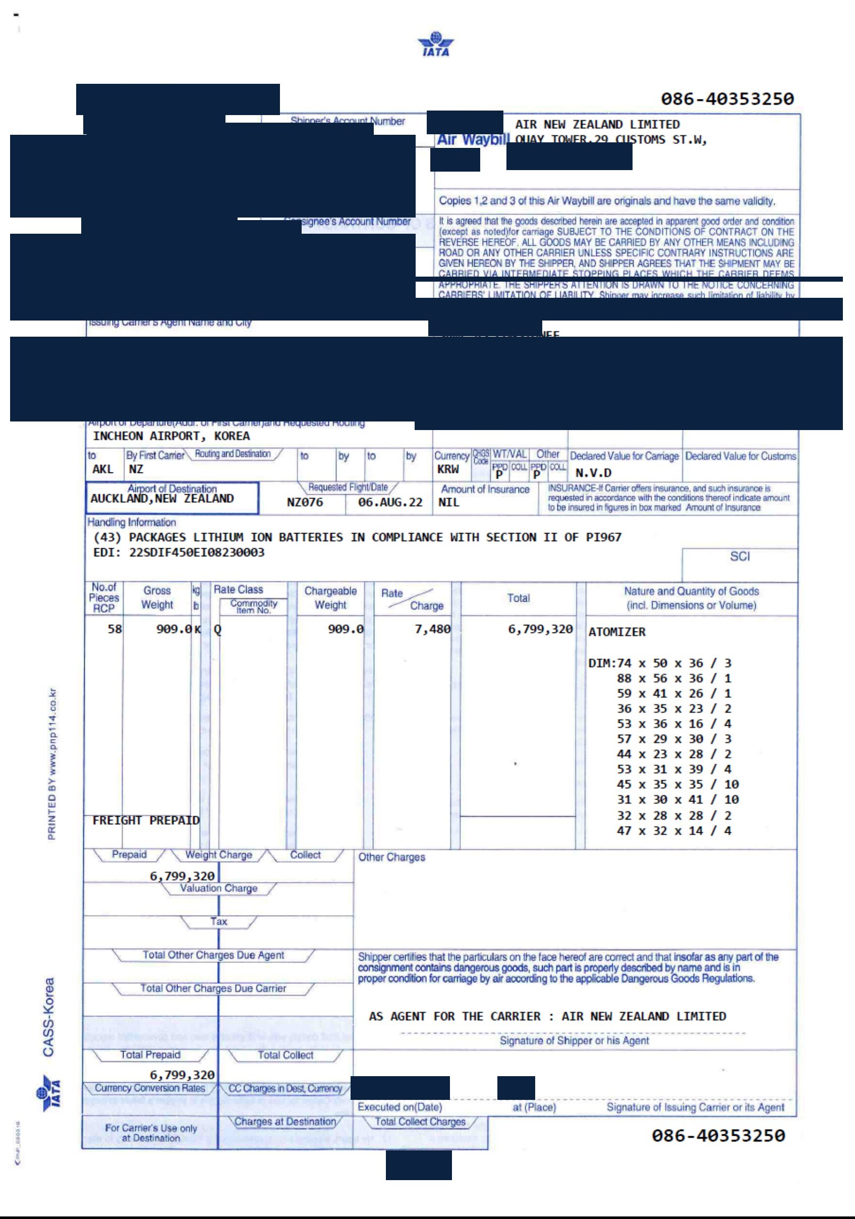 Redacted air waybill for atomizers shipped from China to Auckland, New Zealand by Air Freight