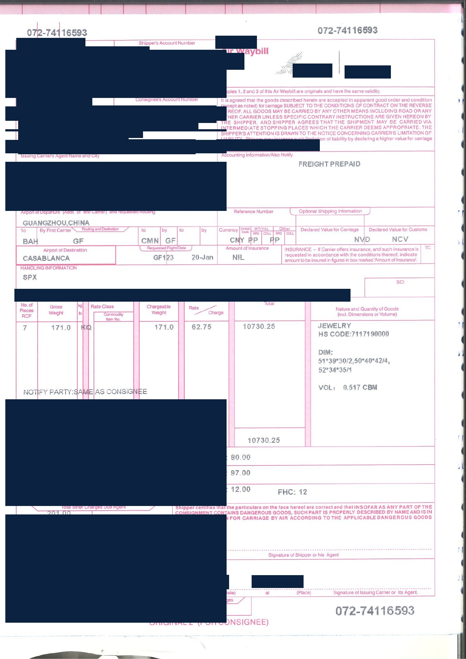 Redacted air waybill for jewelry shipped from China to Casablanca, Morocco by Air Freight
