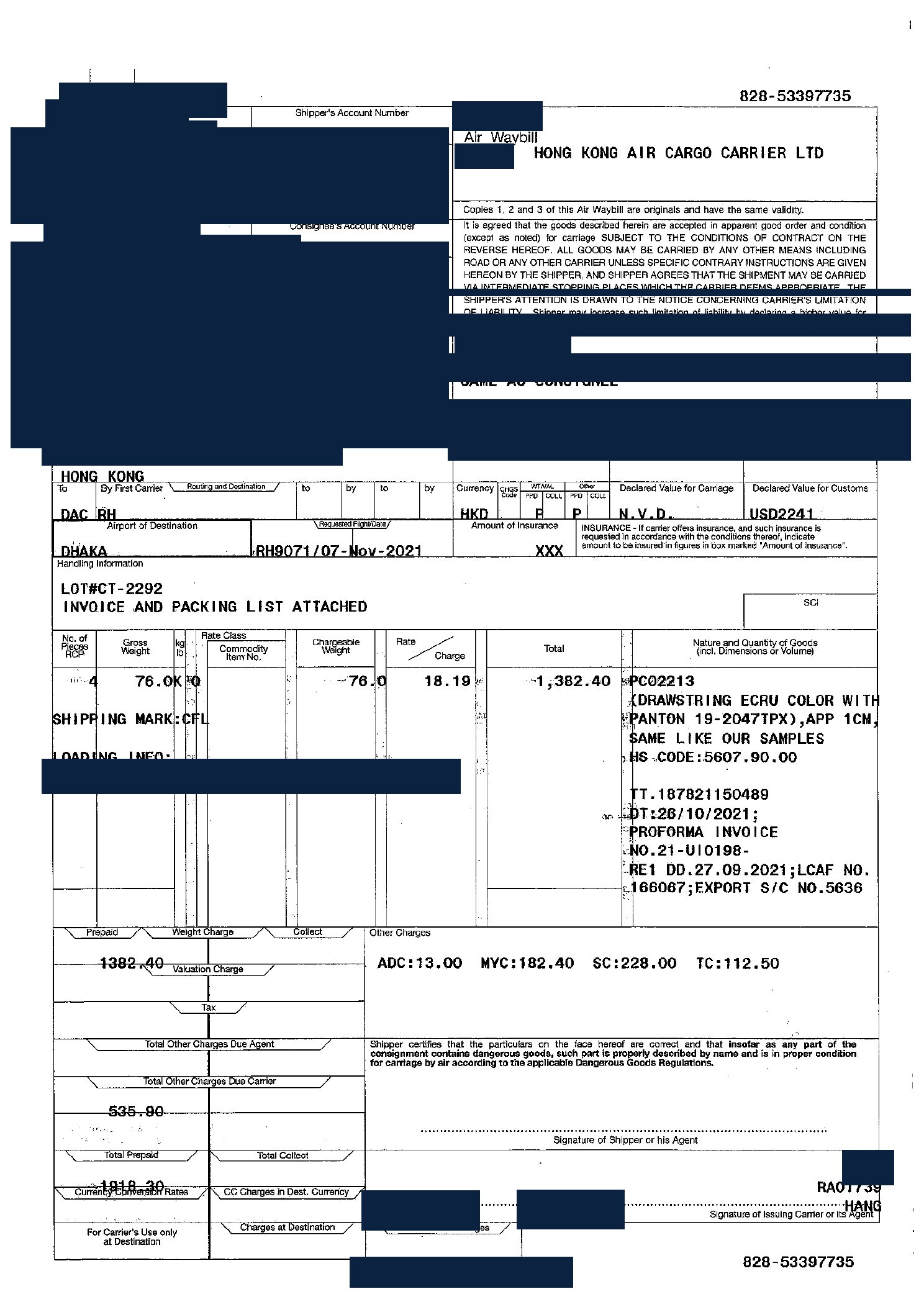 Redacted air waybill for drawstring bags shipped from China to Dhaka, Bangladesh by Air Freight