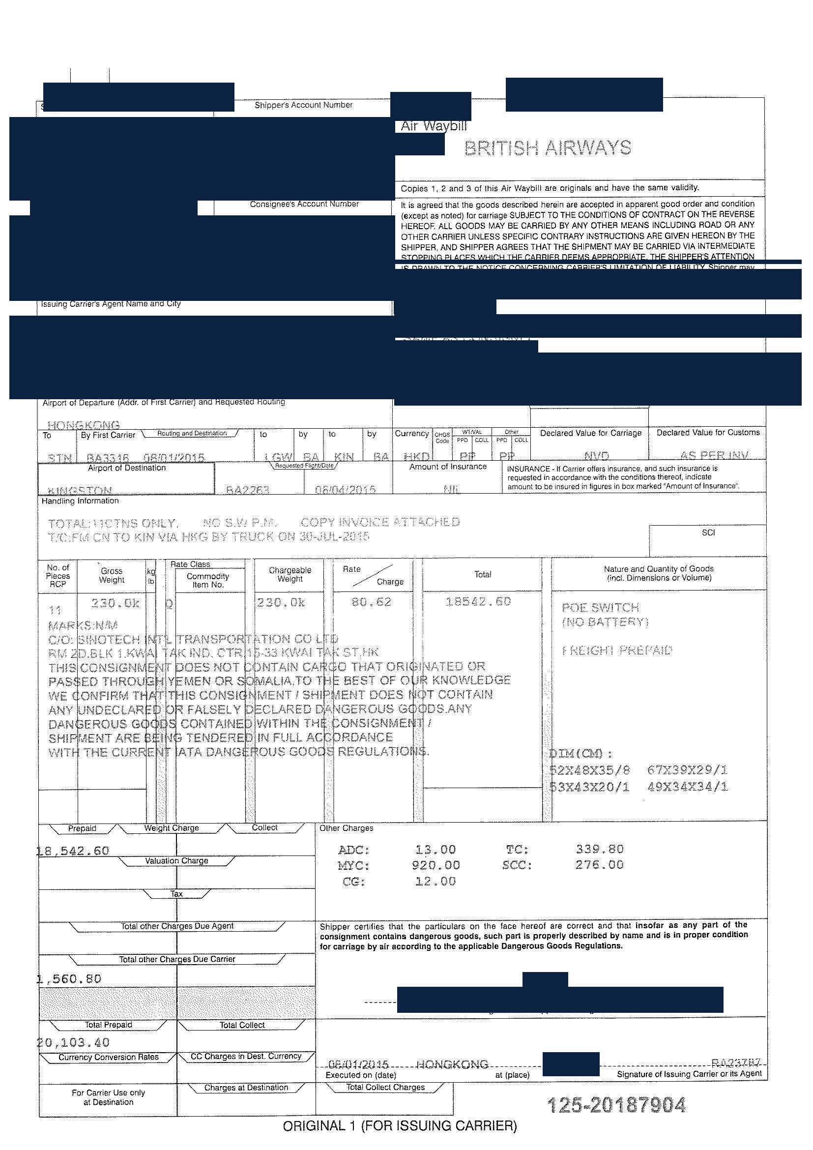Redacted air waybill for PoE switches shipped from China to Kingston, Jamaica by Air Freight