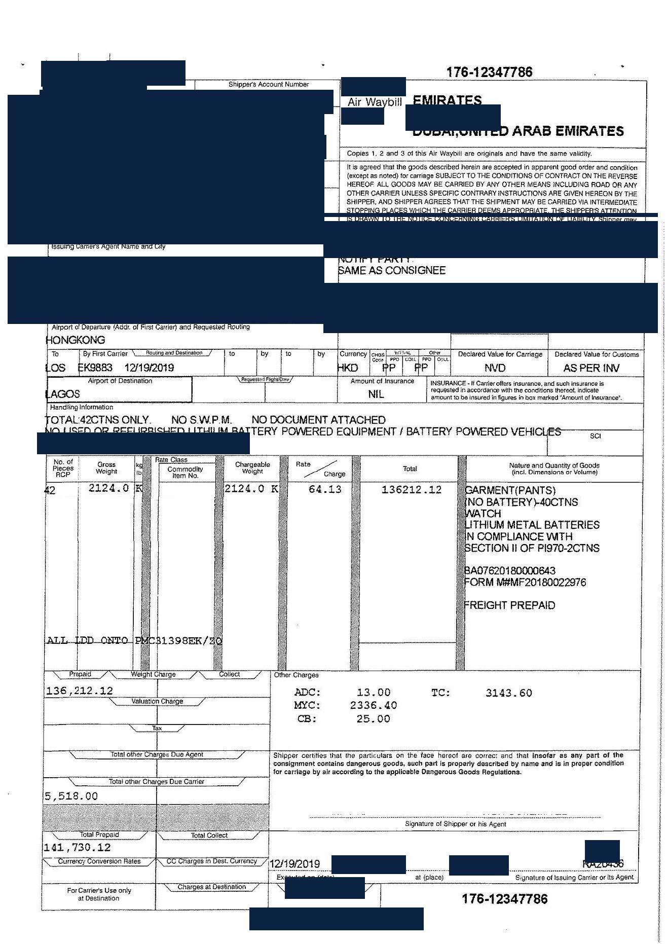 Redacted air waybill for garments shipped from Hong Kong, China to Lagos, Nigeria by Air Freight