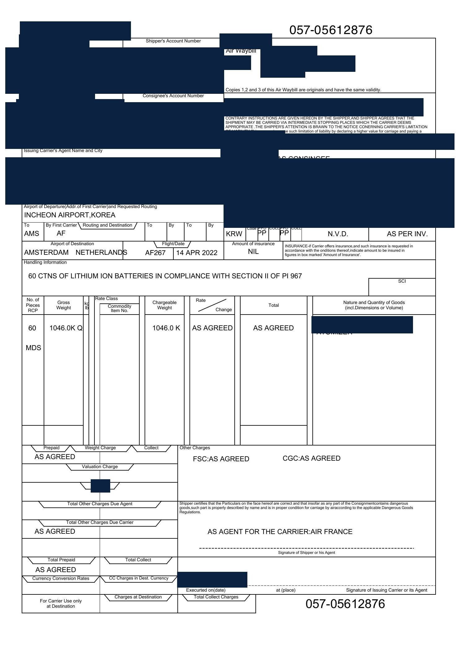 Redacted air waybill for atomizers shipped from China to Amsterdam, Netherlands by Air Freight