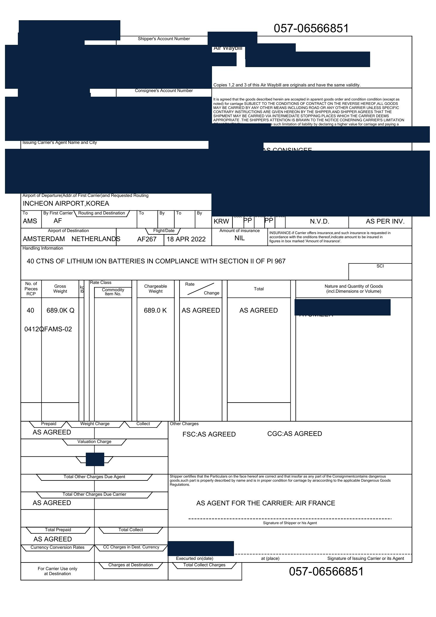 Redacted air waybill for atomizers shipped from China to Amsterdam, Netherlands by Air Freight