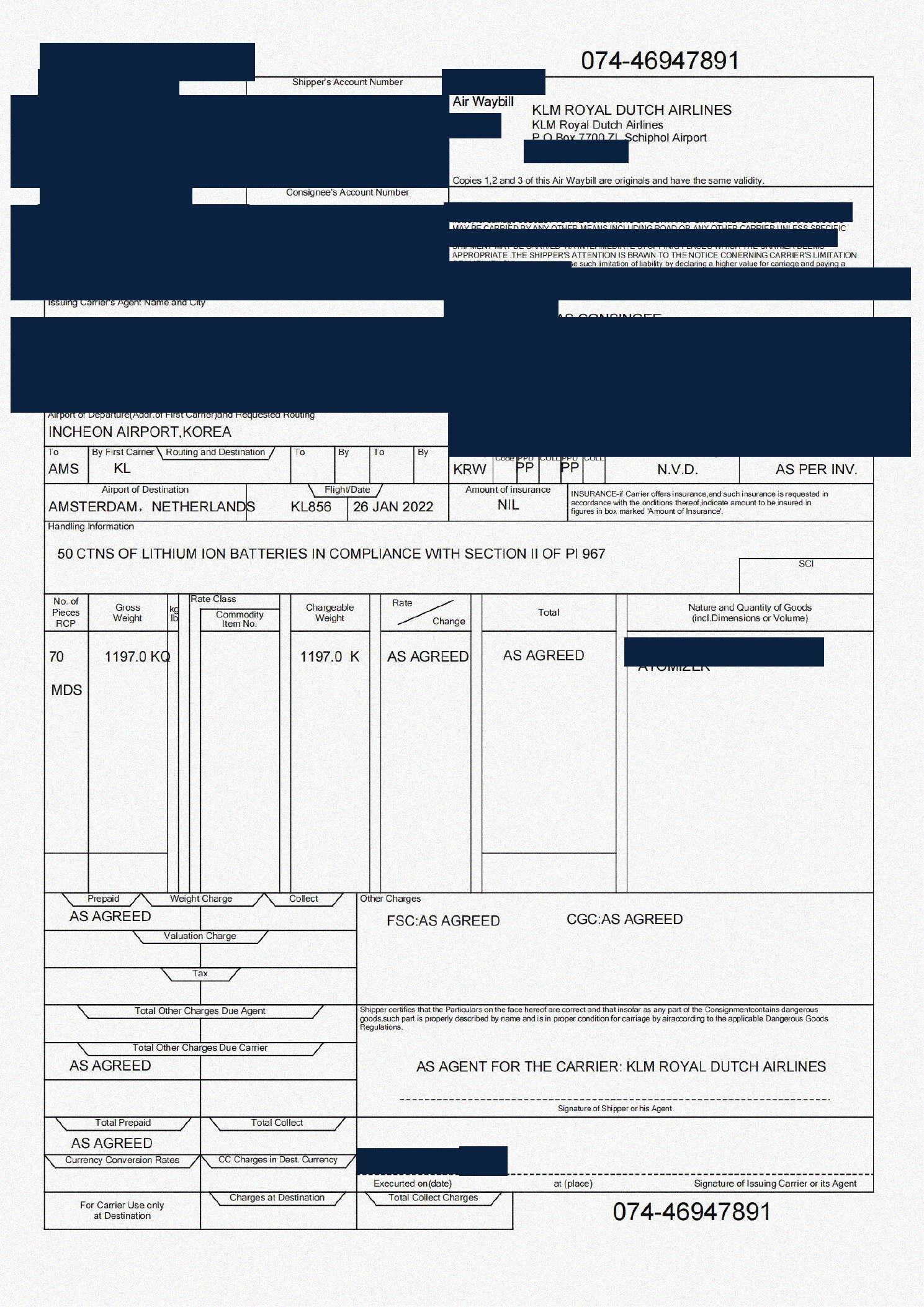 Redacted air waybill for atomizers shipped from China to Amsterdam, Netherlands by Air Freight