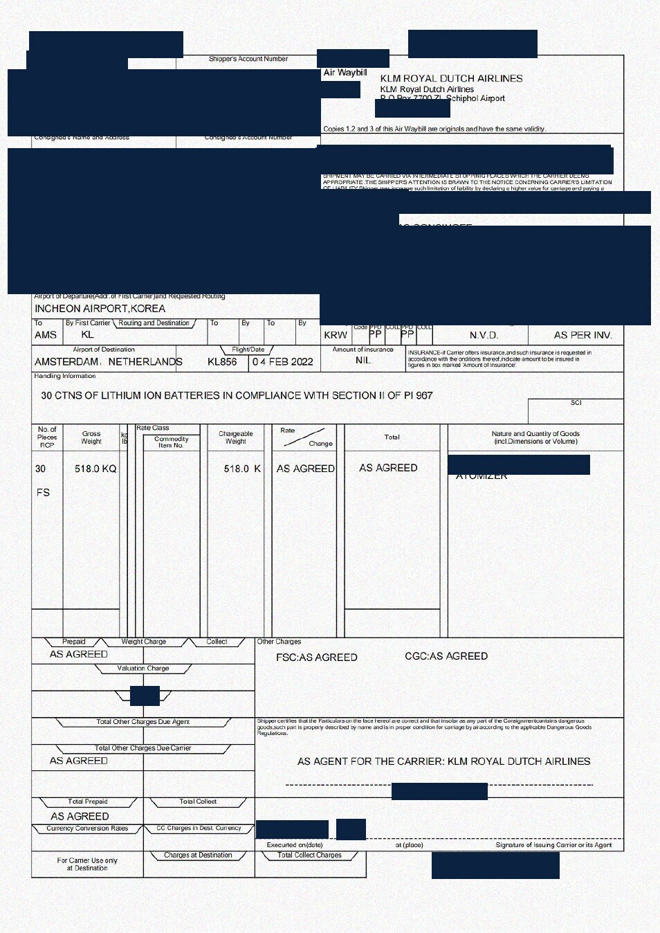 Redacted air waybill for atomizers shipped from China to Amsterdam, Netherlands by Air Freight
