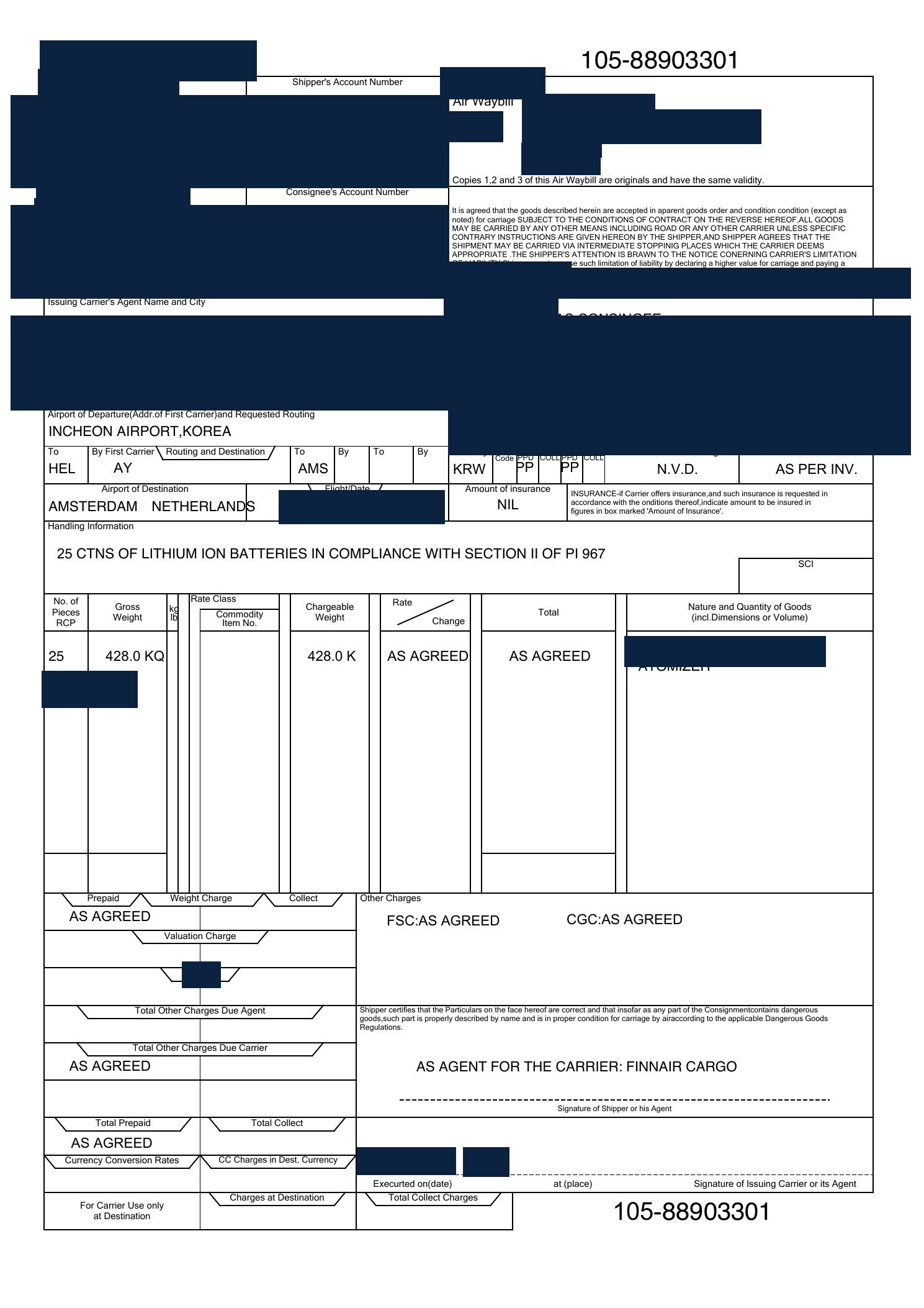 Redacted air waybill for atomizers shipped from China to Amsterdam, Netherlands by Air Freight
