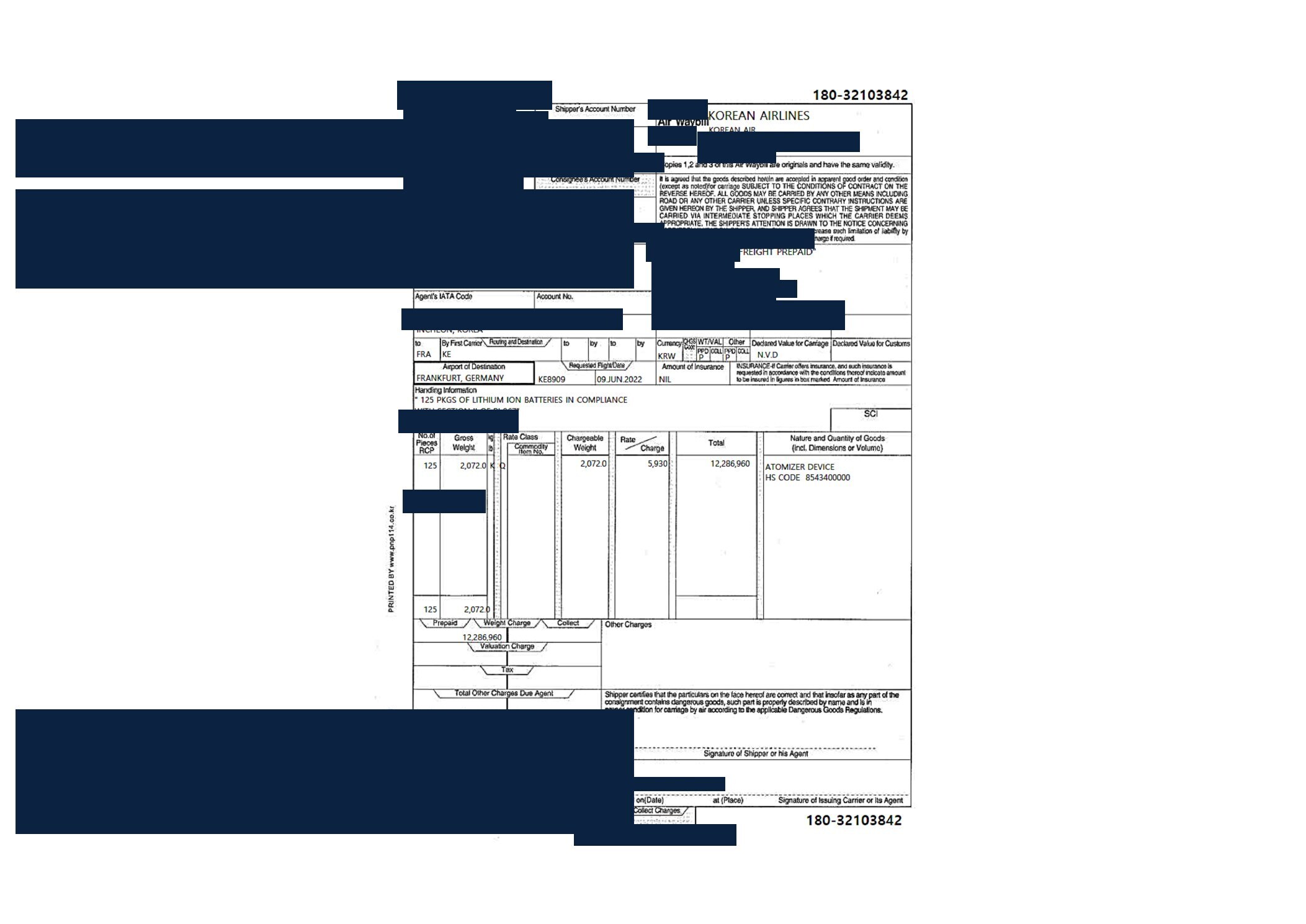 Redacted air waybill for atomizers shipped from China to Frankfurt, Germany by Air Freight