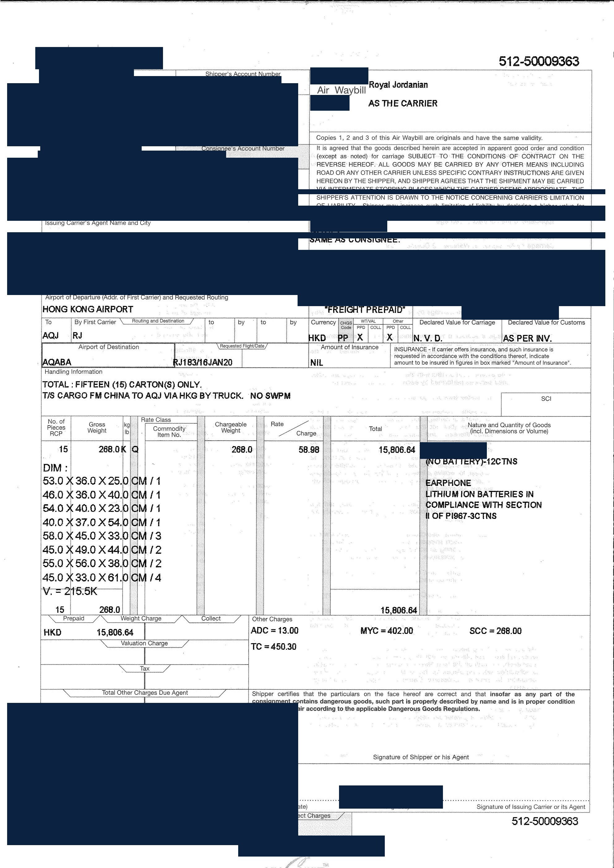Redacted air waybill for earphones shipped from Hong Kong, China to Aqaba, Jordan by Air Freight