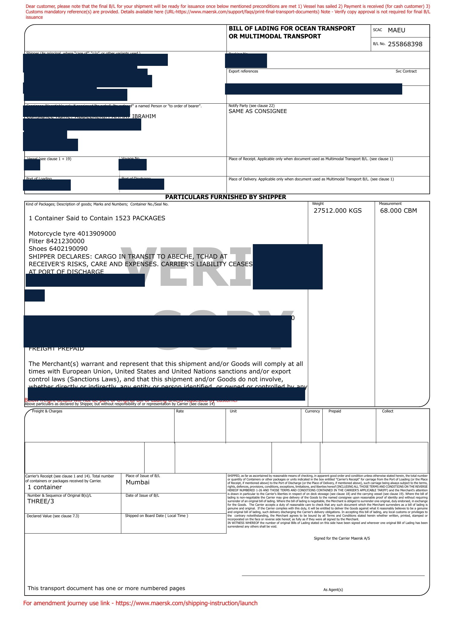 Redacted ocean bill of lading for motorcycle tyres shipped from Nansha, China to Kribi, Cameroon