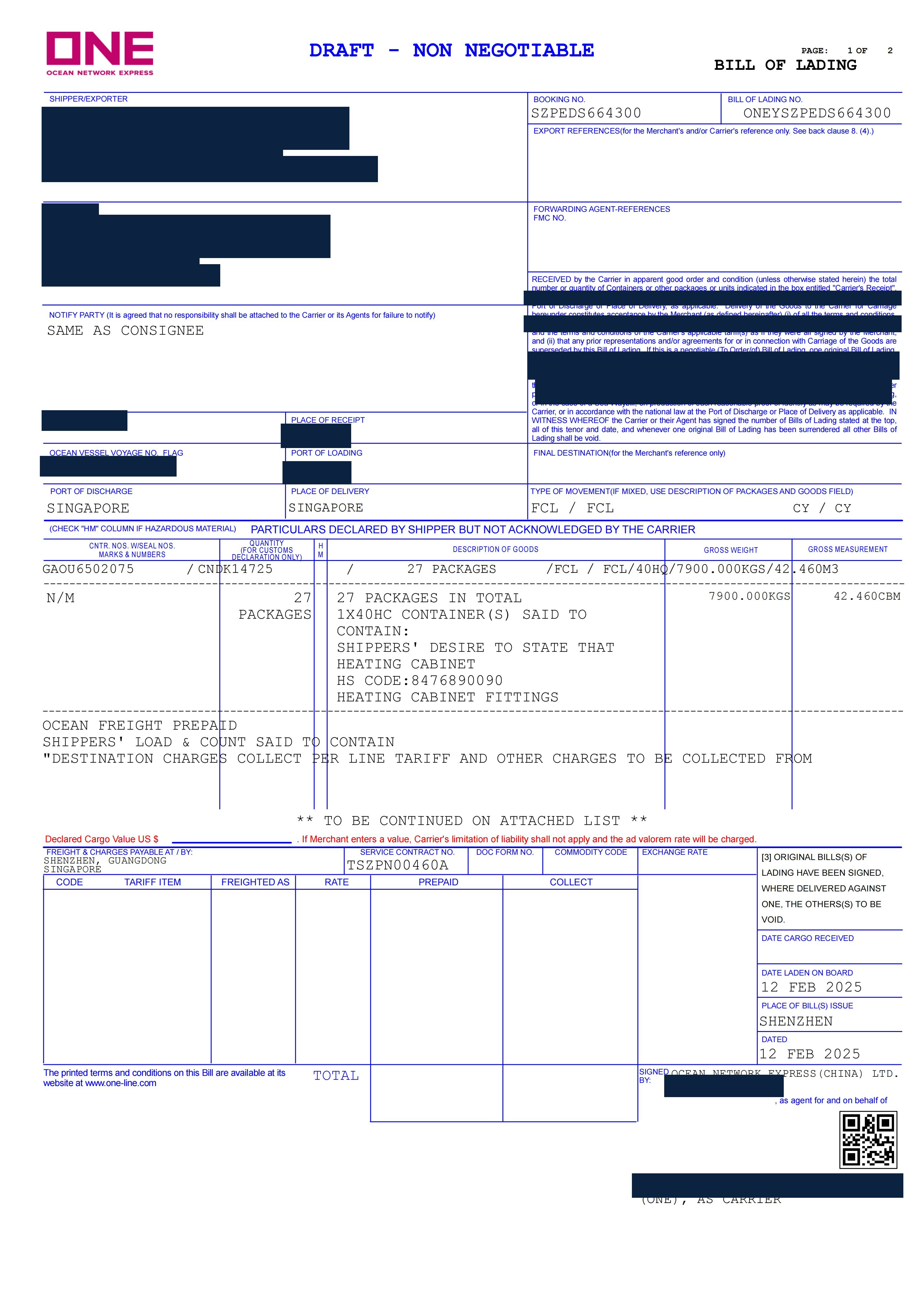 Redacted ocean bill of lading for heating cabinets shipped from Shekou, China to Singapore