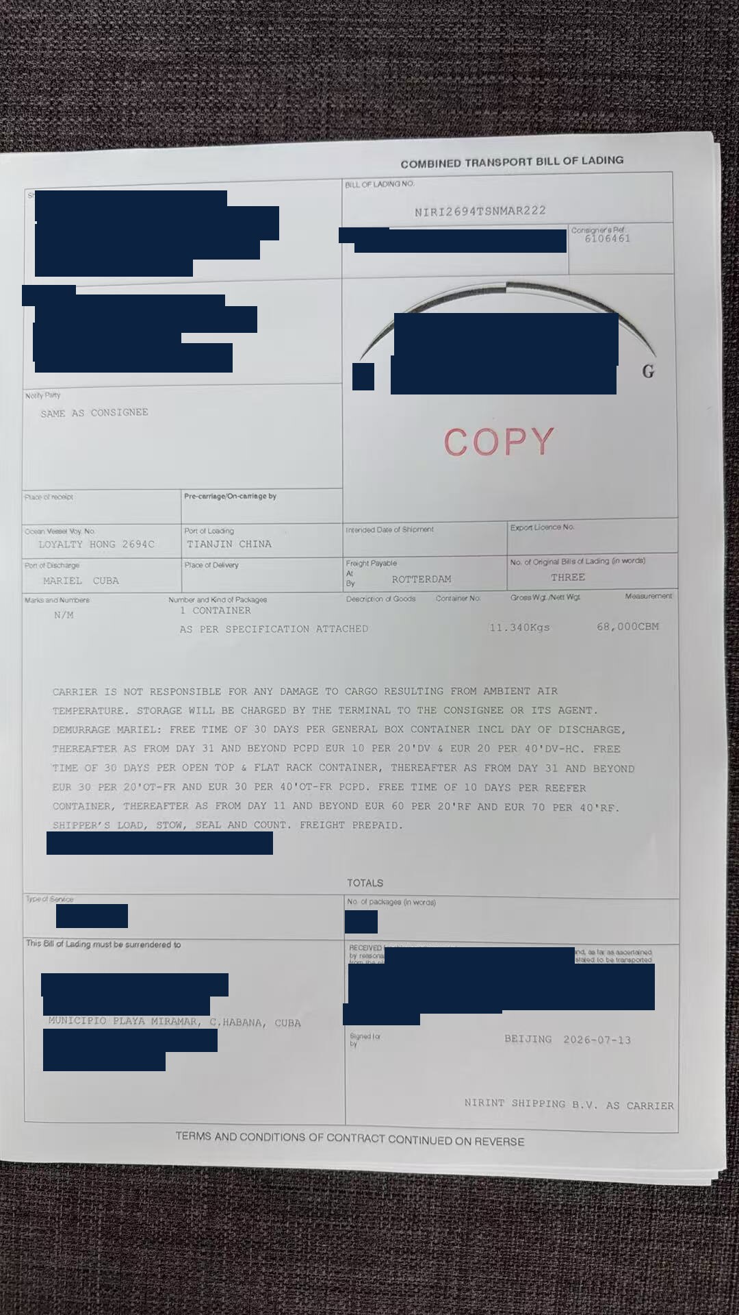 Redacted ocean bill of lading for mixed commercial cargo shipped from Tianjin, China to Mariel, Cuba