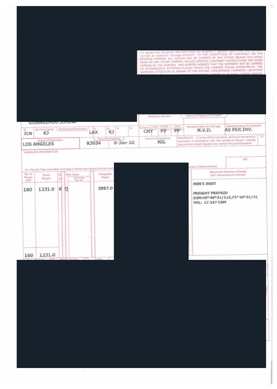 Redacted air waybill for 160 cartons of men's boots shipped from Foshan via Guangzhou to Los Angeles by five-day Air DDP service