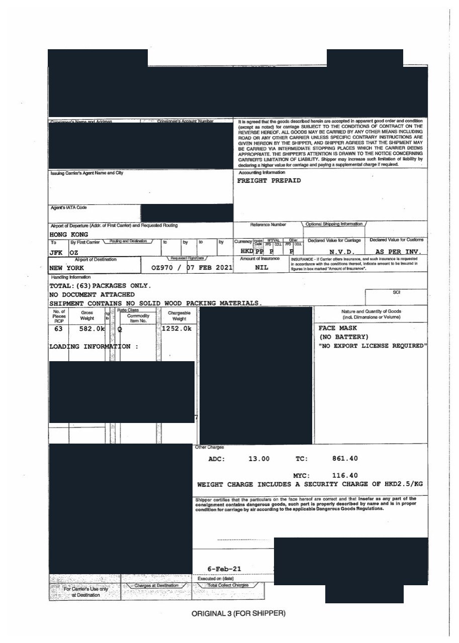Redacted air waybill for 63 packages of non-battery face masks shipped from Guangzhou via Hong Kong to New York JFK by Air DDU