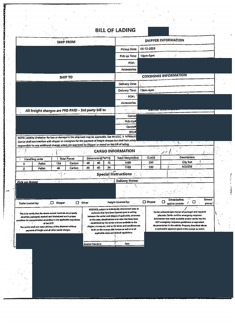 Redacted trucking bill of lading for seven pallets delivered from a Los Angeles warehouse to the Chicago area after ocean LCL shipping from Guangzhou