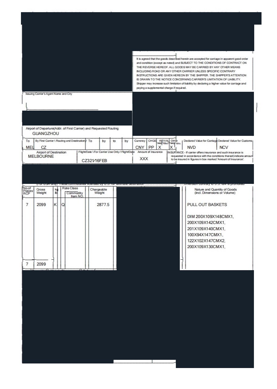 Redacted air waybill for pull-out basket products shipped from Guangzhou to Melbourne by Air DDU