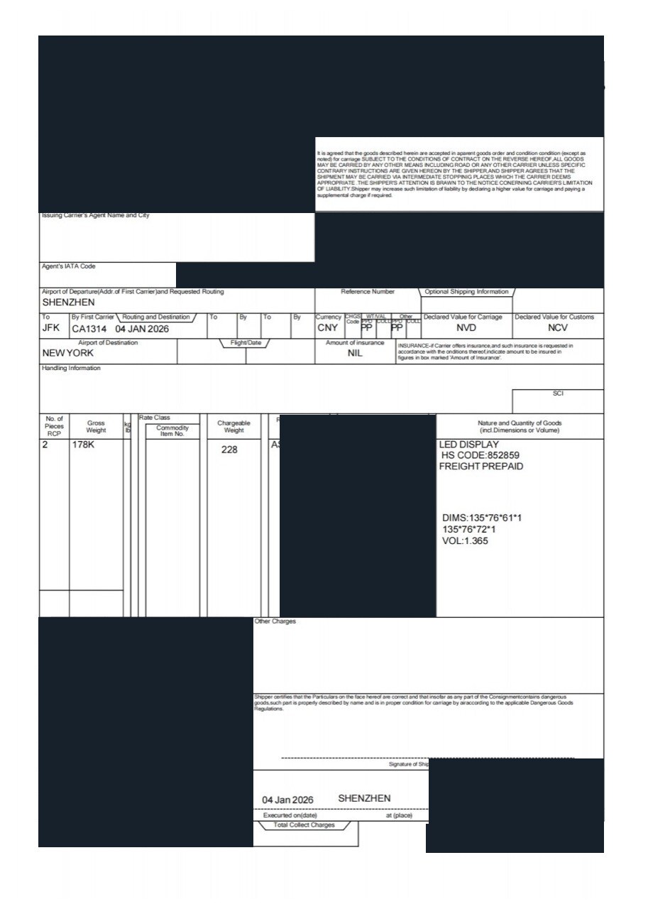 Redacted air waybill for two cartons of LED display equipment shipped from Shenzhen to New York JFK by Air DAP