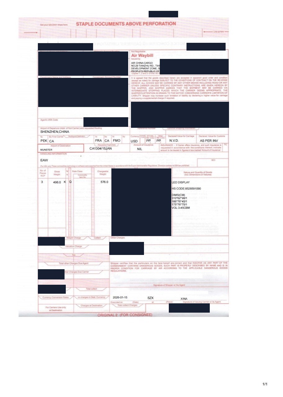 Redacted air waybill for LED displays shipped from Shenzhen via Guangzhou CAN to Frankfurt FRA with DDU dedicated-truck delivery