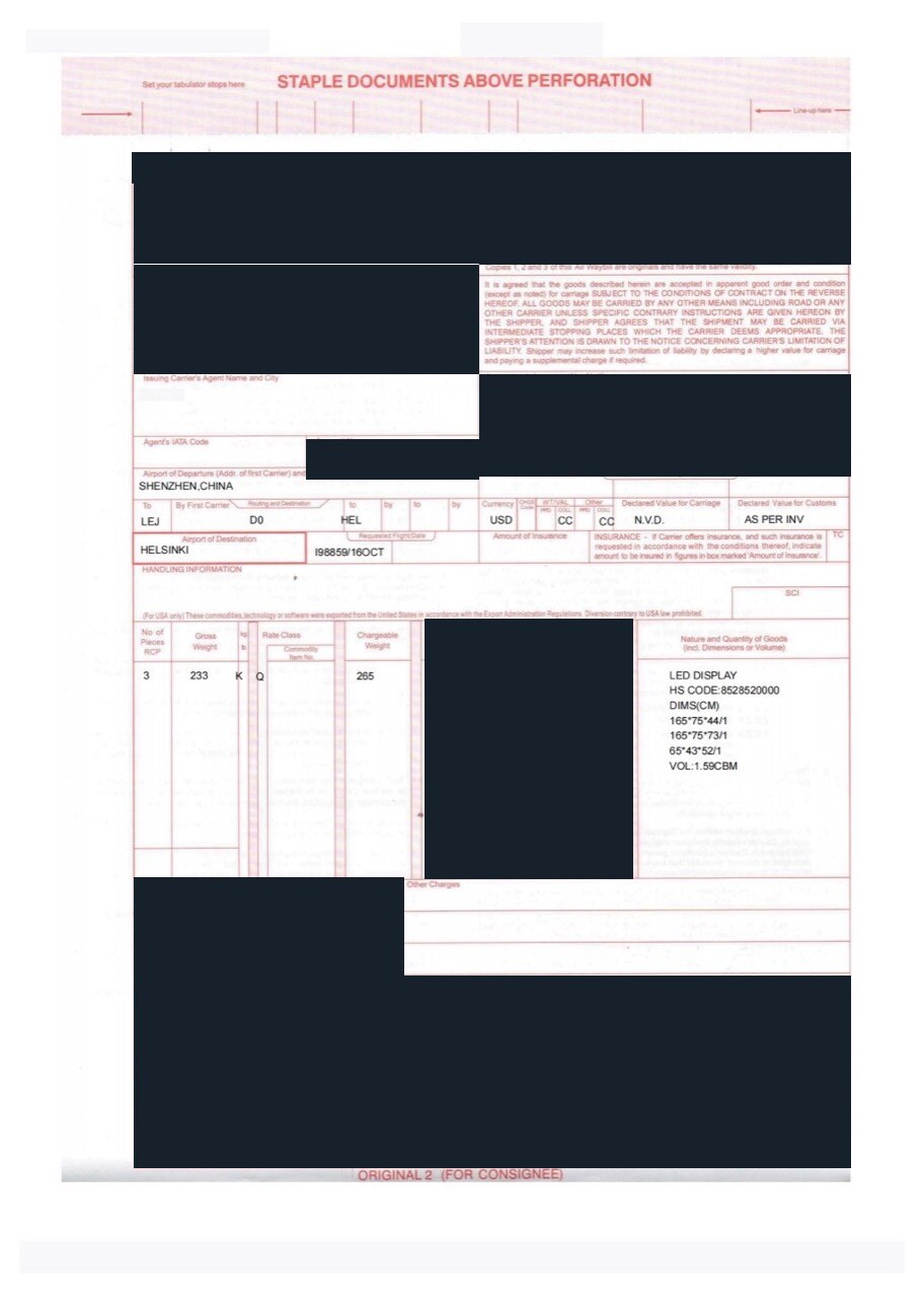 Redacted air waybill for three pieces of LED display equipment shipped from Shenzhen to Helsinki Finland by Air DDU