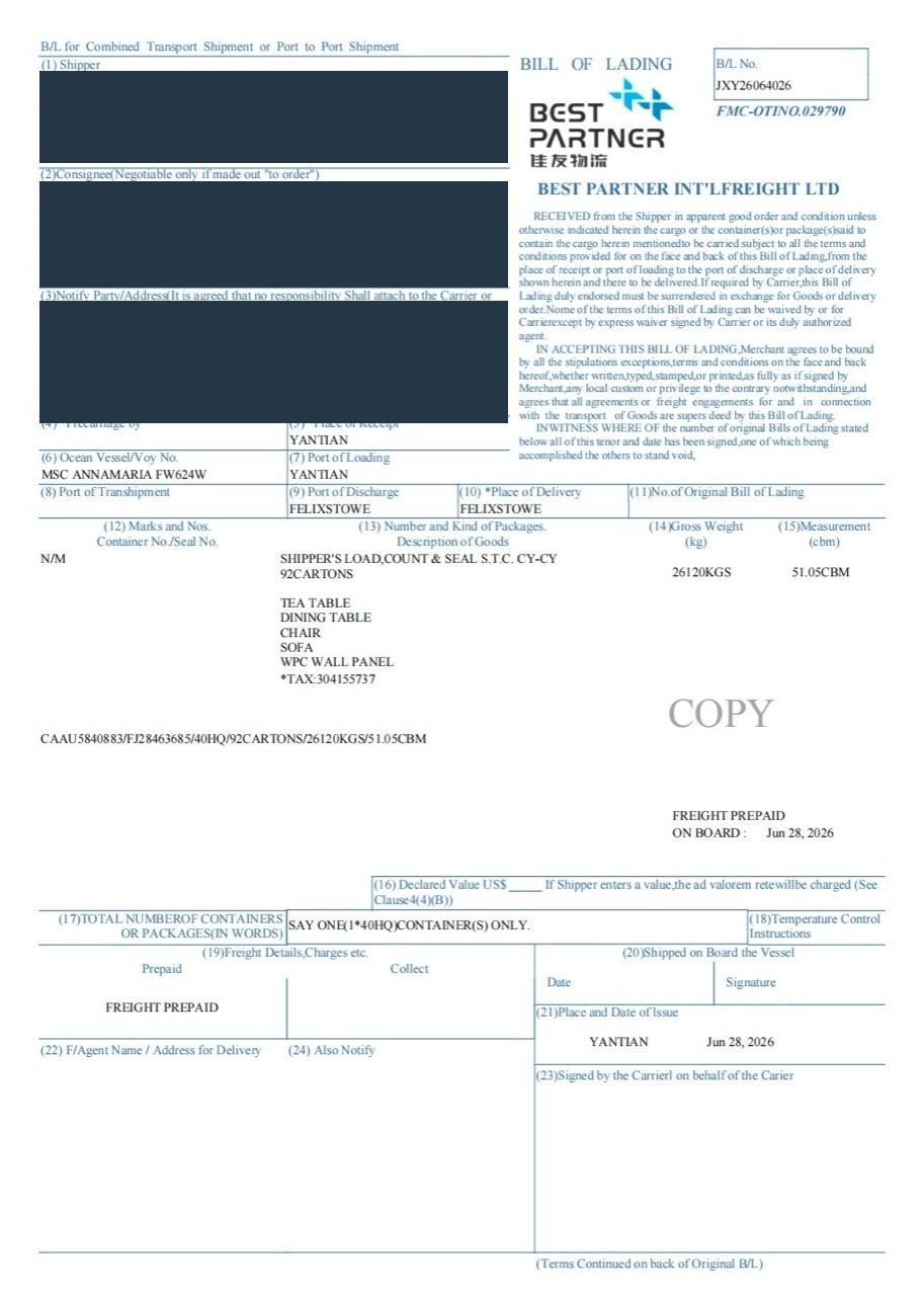 Redacted bill of lading for one 40HQ container of furniture shipped from Yantian China to Felixstowe UK