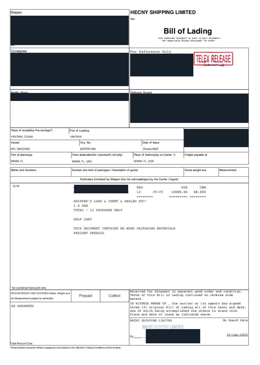 Redacted bill of lading for 12 lithium-ion battery golf carts shipped from Yantian Shenzhen to Miami by DG Class 9 FCL