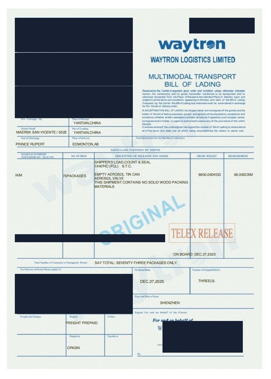 Redacted bill of lading for a 40HC SOC shipment from Yantian via Prince Rupert to Edmonton Canada