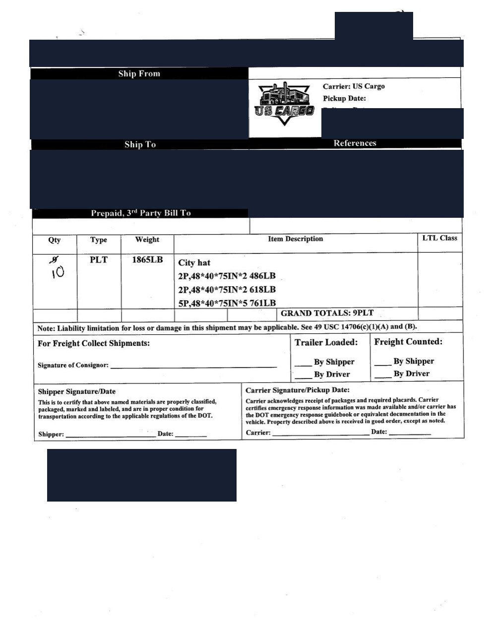 Redacted delivery receipt for 252 cartons shipped from Yiwu via Los Angeles to the Chicago area by ocean LCL DDU