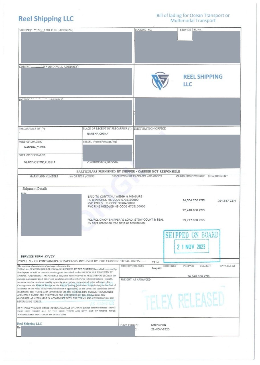 Redacted bill of lading for three 40HC containers shipped from Nansha China to Vladivostok Russia