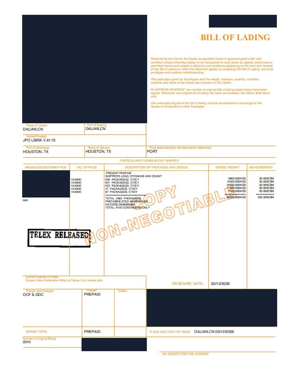 Redacted QIFLY ocean freight evidence