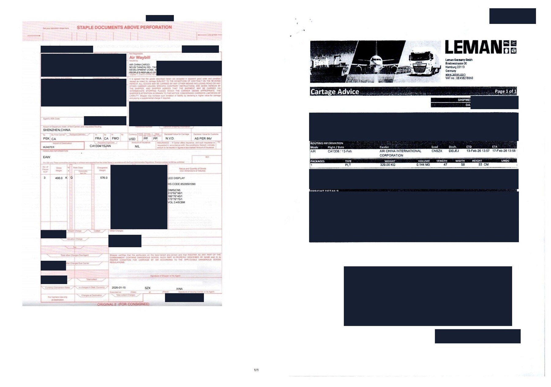 Redacted international air freight documents from China